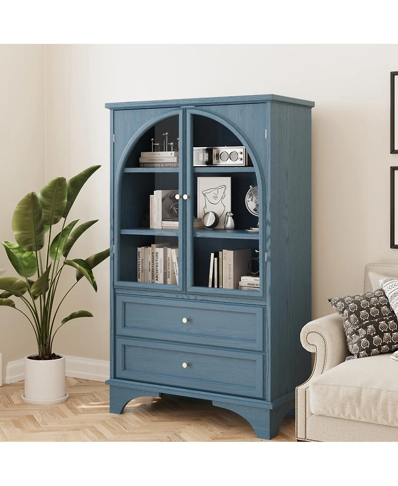 Streamdale Furniture 52.17"H Glass Door Display Cabinet with 2 Drawers and Adjustable Shelf