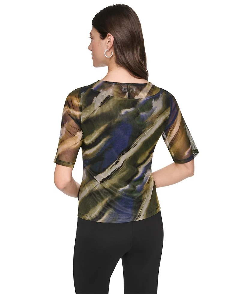 Dkny Women's Printed Mesh Twist-Front V-Neck Top