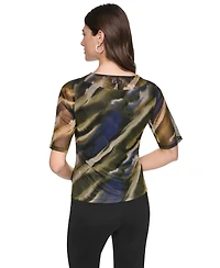 Dkny Women's Printed Mesh Twist-Front V-Neck Top