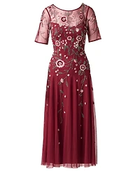 Adrianna Papell Women's Boat Neck Beaded Mesh Ankle Dress