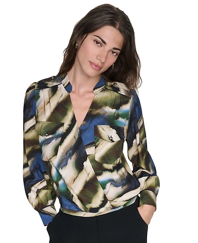 Dkny Women's Printed Surplice V-Neck Long-Sleeve Voile Blouse