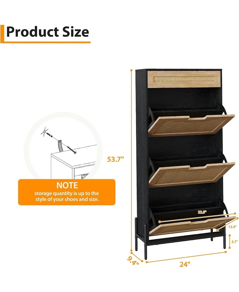 gaomon Modern Rattan 3 Flip Door Shoe Cabinet - Freestanding Entryway/Hallway Storage Organizer