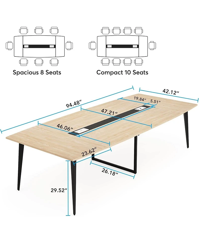 Tribesigns 8FT Conference Table: 94.48"L boat-shaped meeting table with cable grommets. Modern conference table for office. Light Wood Grain