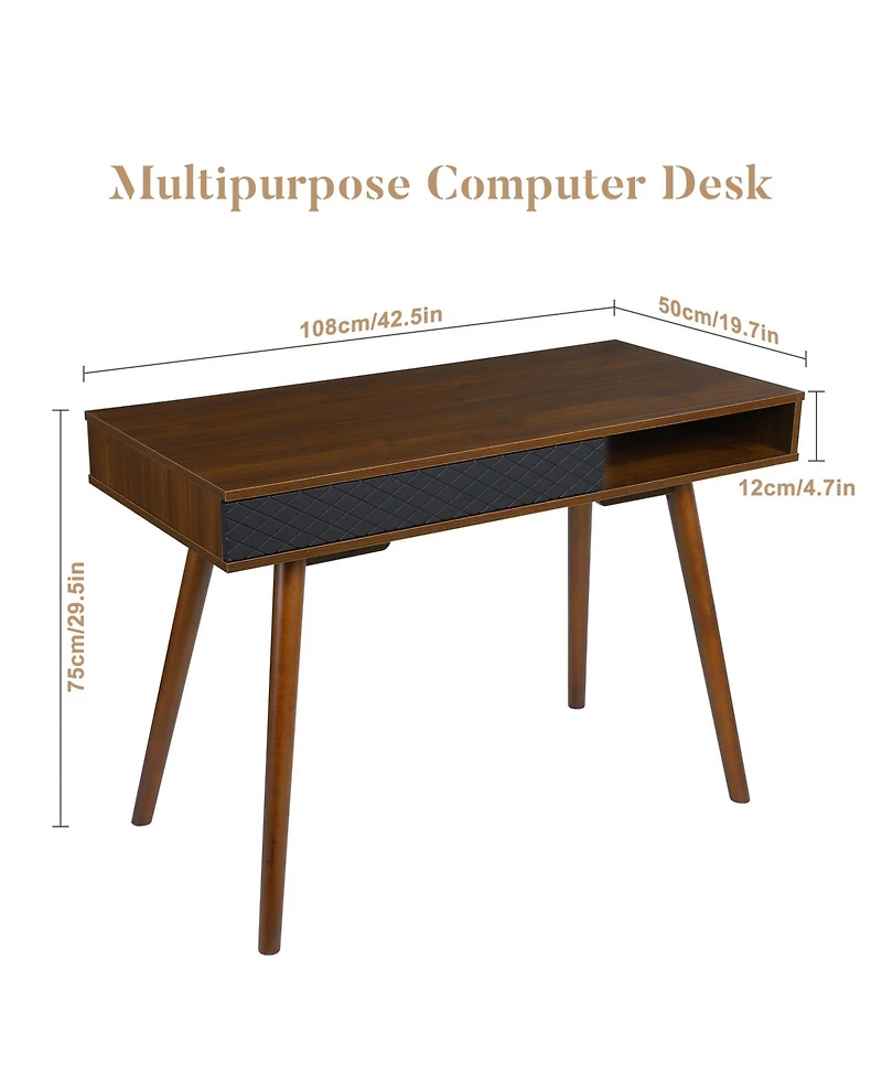 homfan Space-Saving Mid-Century Writing Desk - Computer Table with Drawer and Open Cubby - Sturdy Wood - Easy Assembly