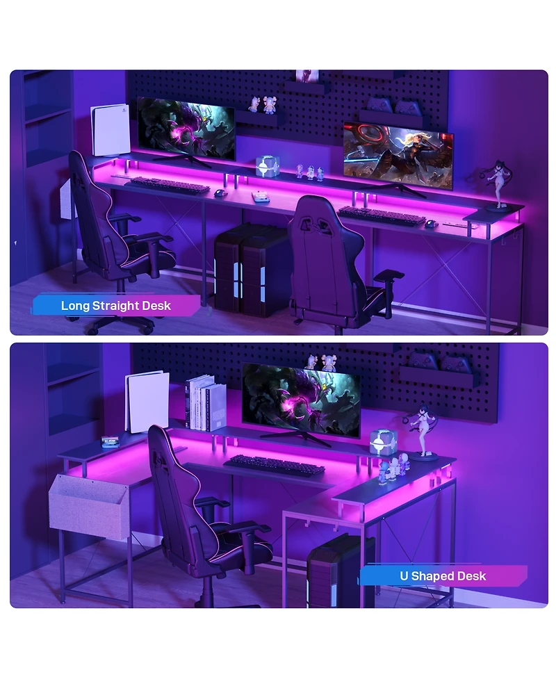 homfan U-Shaped Reversible Office Desk with Power Outlets, Rgb Led Lights, Monitor Stand, Storage Shelves, Large Corner Computer Table for Home