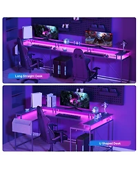 homfan U-Shaped Reversible Office Desk with Power Outlets, Rgb Led Lights, Monitor Stand, Storage Shelves, Large Corner Computer Table for Home
