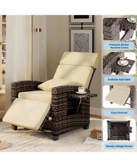 GarveeLife Outdoor Wicker Recliner Chair with 145degree(s) Adjustable Backrest and Footrest, Flip-Up Side Table, Removable Cushion