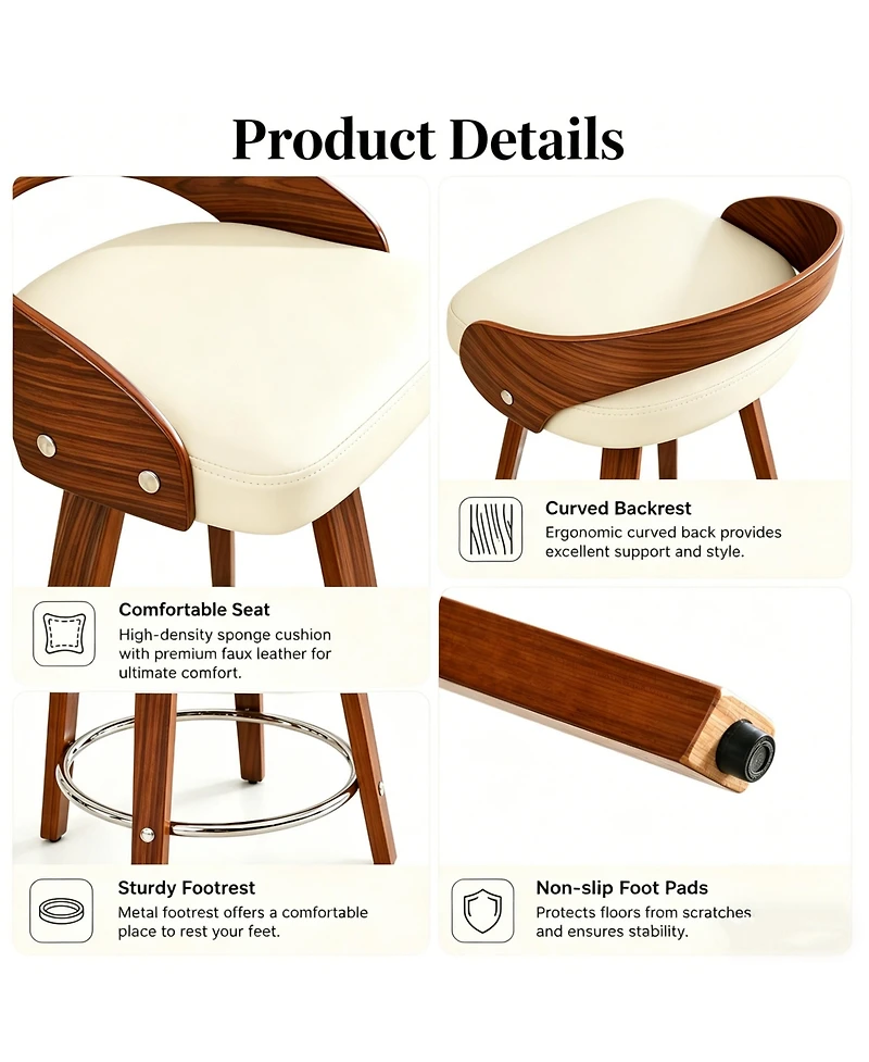 Casainc Set of 2 Swivel Wood Bar Stools with Low Back and Cushioned Seat, 25'' Height