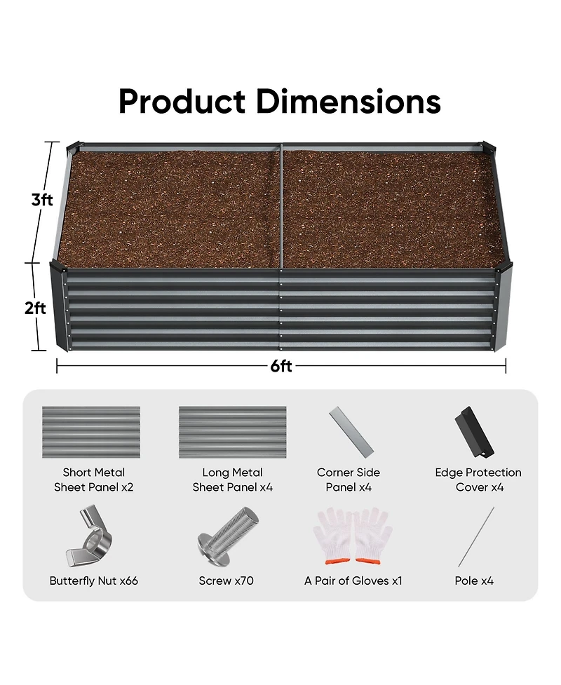 Pocassy 6x3x2feet Outdoor Metal Raised Garden Bed, Large Outdoor Planters Garden for Vegetables Flowers Herbs