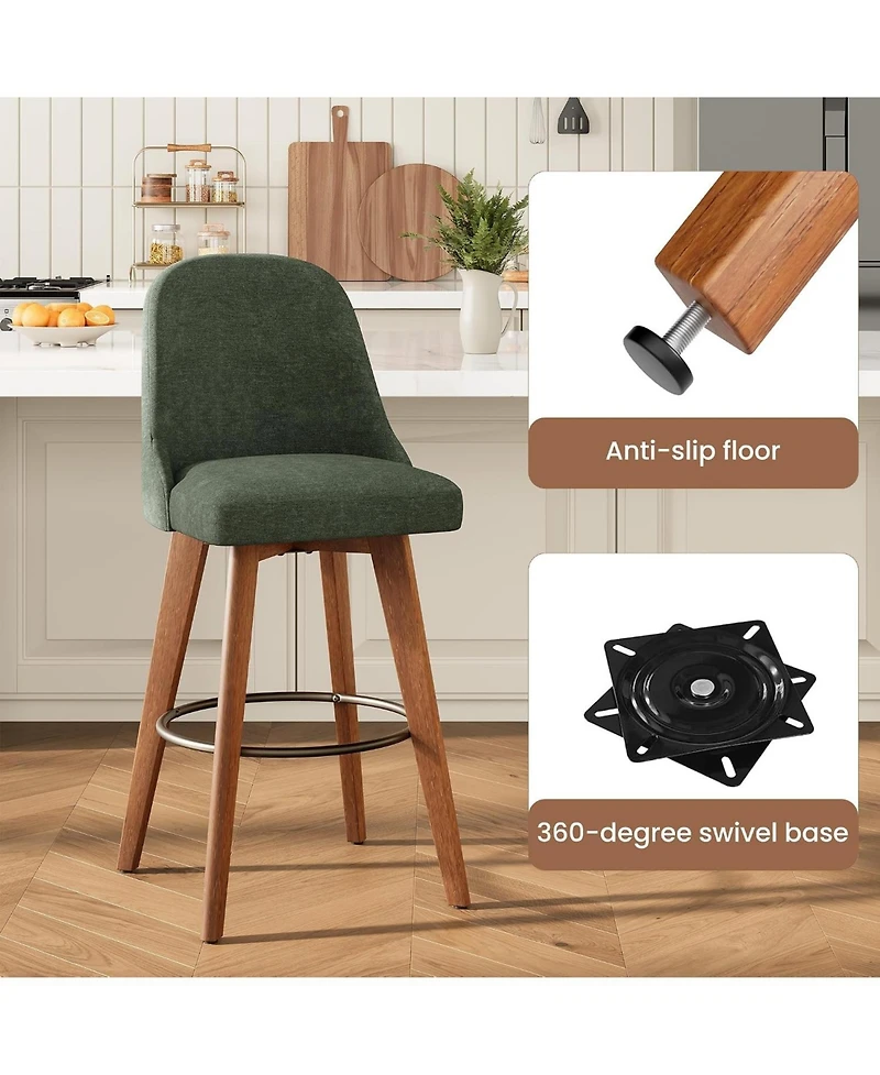 gaomon Set of 4 Green 26" Swivel Counter Height Bar Stools, Linen Upholstered with Wood Legs