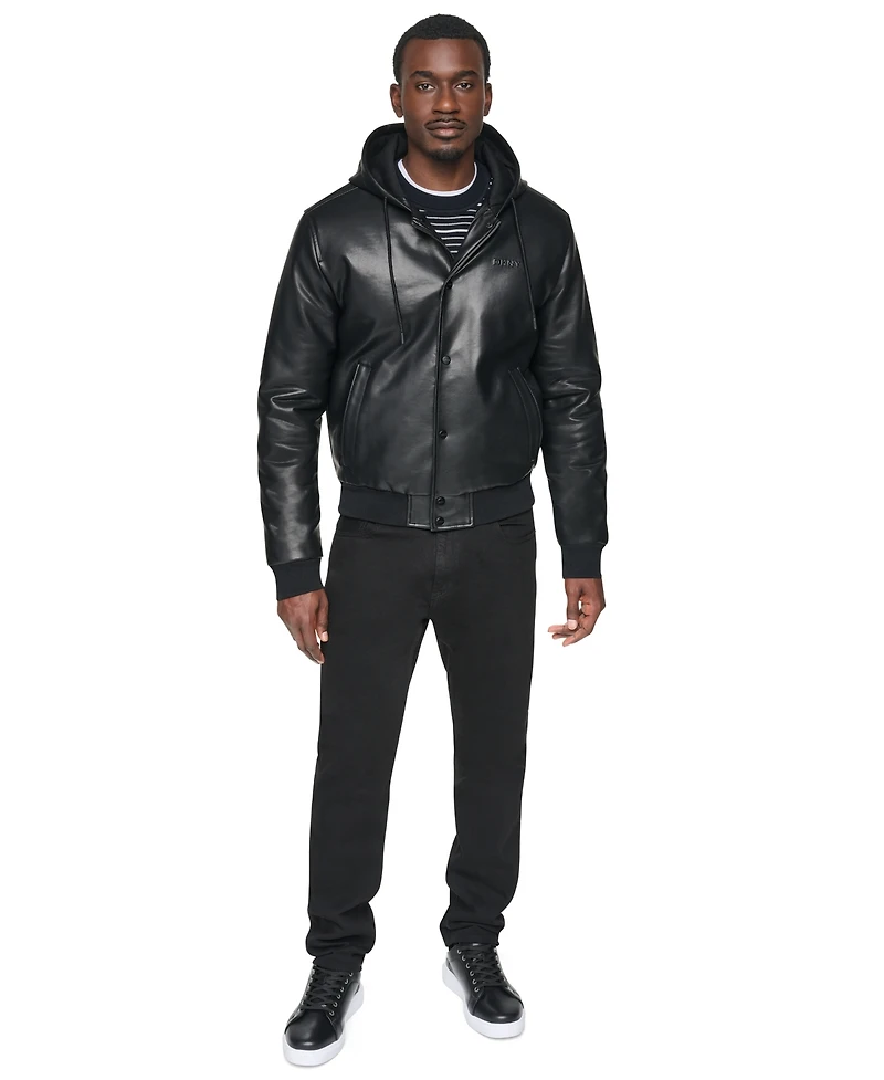 Dkny Men's Hooded Faux Leather Bomber Jacket