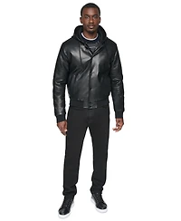 Dkny Men's Hooded Faux Leather Bomber Jacket