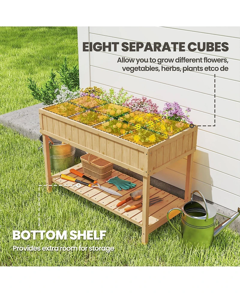 Elevated Natural Plant Stand Outdoor Flower Bed 8 Grid Box w/ Storage