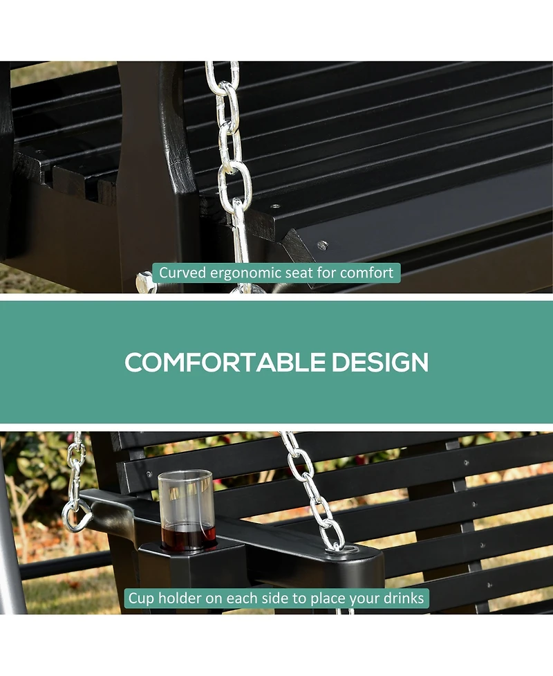 Outsunny 46" 2 Person Wooden Hanging Porch Swing Bench, Slatted Front Porch Swing Outdoor Chair with Cupholder Armrests 440 lbs. Weight Capacity, Blac
