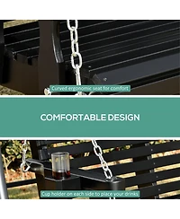 Outsunny 46" 2 Person Wooden Hanging Porch Swing Bench, Slatted Front Porch Swing Outdoor Chair with Cupholder Armrests 440 lbs. Weight Capacity, Blac