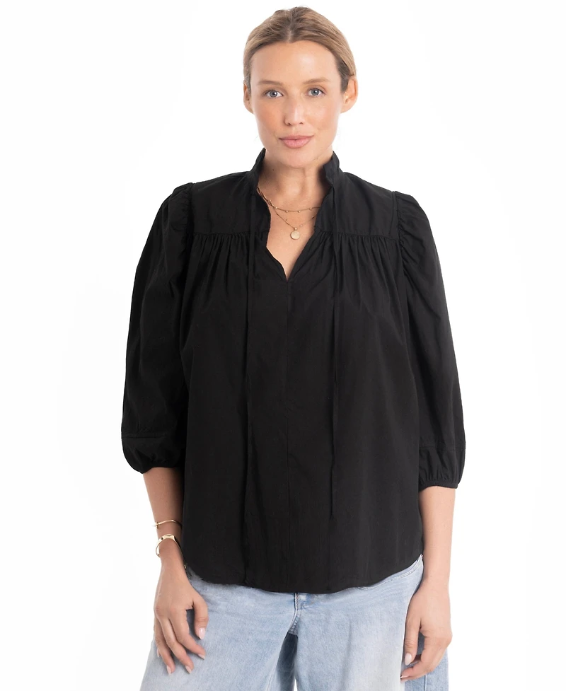 Ocean+Main Women's Cotton Tie Neck 3/4 Sleeve Top