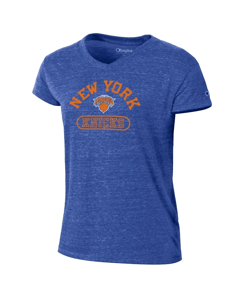 Champion Women's Blue New York Knicks Tri-Blend V-Neck T-Shirt