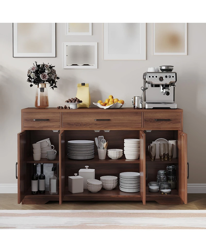 gaomon 55" Sideboard Buffet Cabinet, Wooden Coffee Bar Cabinet with 3 Drawers and Adjustable Shelf, Floor Cupboard for Kitchen, Living Room