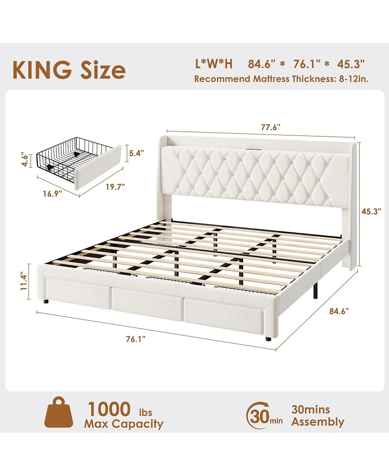gaomon King Size Bed Frame with Storage, Velvet Upholstered Platform Bed Frame with Crystal Tufted Headboard, Charging Station