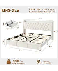 gaomon King Size Bed Frame with Storage, Velvet Upholstered Platform Bed Frame with Crystal Tufted Headboard, Charging Station