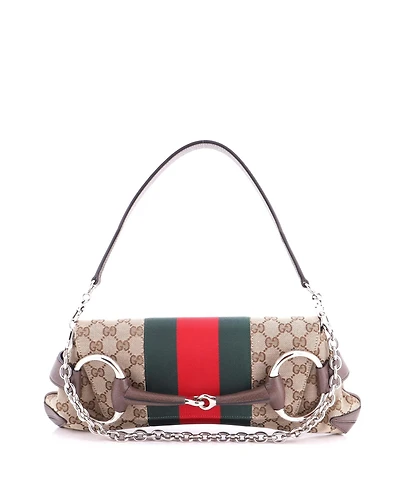 Pre-Owned Gucci Medium Horsebit Nm Web Chain Clutch Gg Canvas