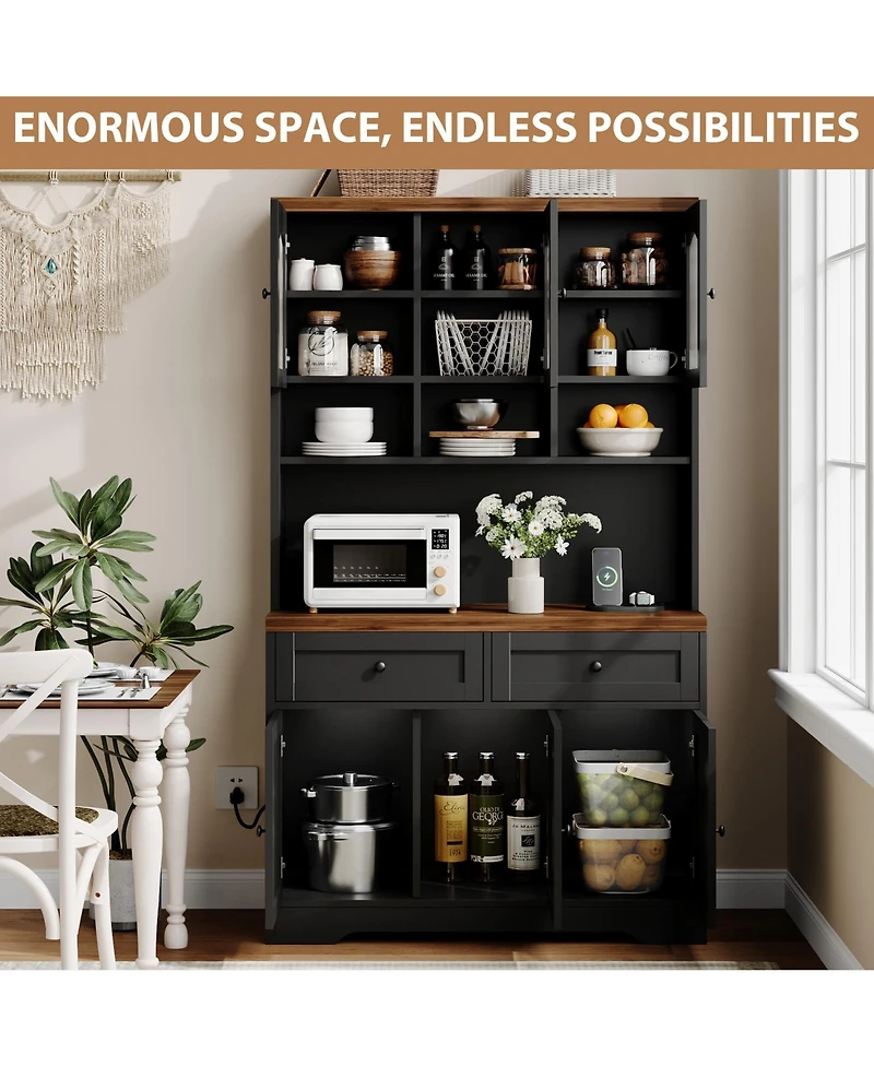 homfan 71" Tall Pantry Cabinet with Charging Station, Fluted Glass and Drawers, Farmhouse Kitchen Hutch for Living Room
