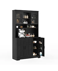 homfan Tall Kitchen Pantry Cabinet with Hutch, 71'' Storage, Glass Doors, Built-in Charging Station, Dining Room Wine Rack and Cupboard
