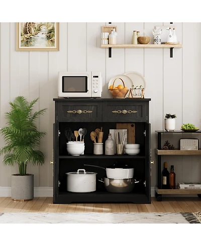 homfan 33.5" Buffet Cabinet with 4 Drawers and Gold Handles Farmhouse Sideboard Coffee Bar, 2-Door Storage for Kitchen, Living Room Dining
