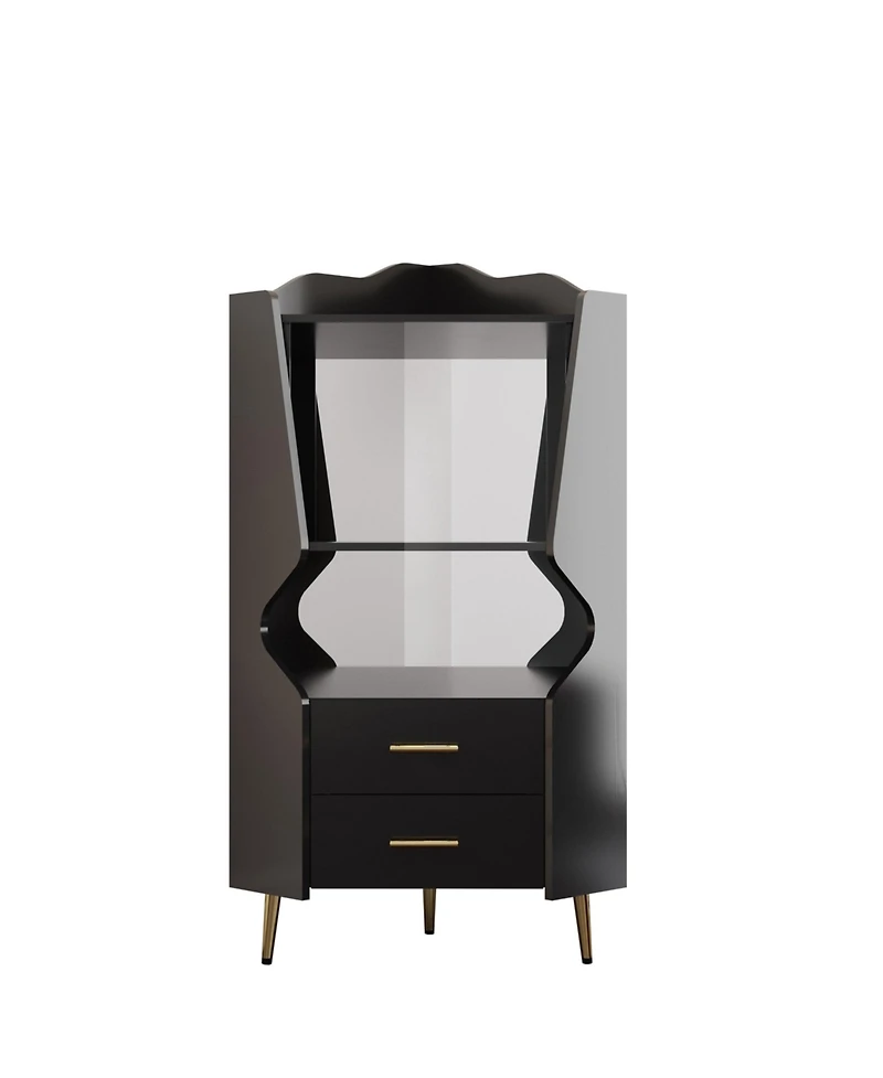 Sailvan Wooden Corner Bar Cabinet with 2 Open Shelves, 2 Drawers and Mirrored