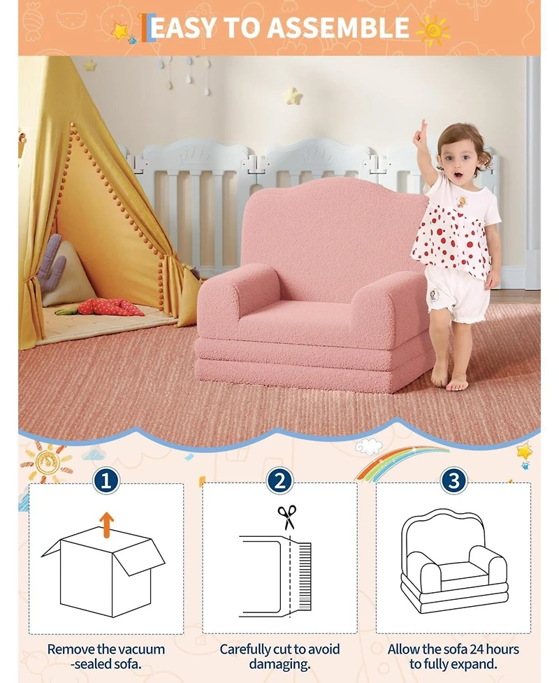gaomon Kids Couch, 2-in-1 Comfy Toddler Couch Fold Out, Convertible Sofa to Lounger Foam Kids Chair with Soft Sherpa
