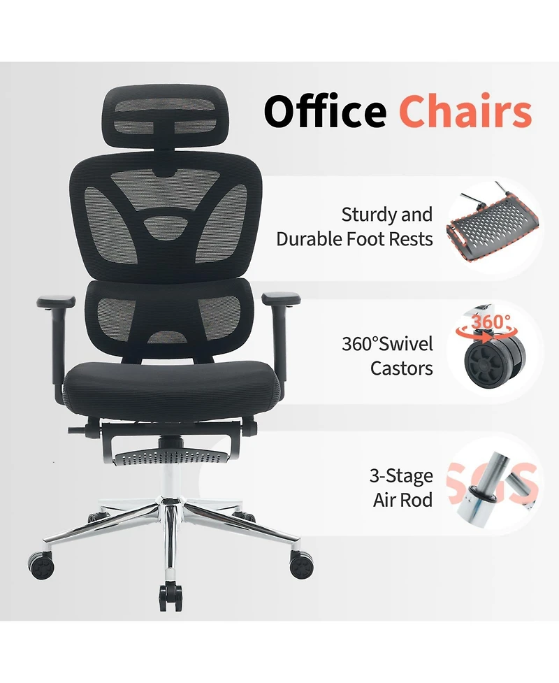 homfan Ergonomic Office Chair with Adjustable Headrest, Lumbar Support, 3D Armrests, and Retractable Footrest