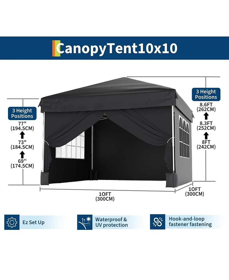 homfan 10x10 Pop Up Canopy with 4 Sidewalls – Waterproof Portable Outdoor Shade Tent Stakes and Carry Bag