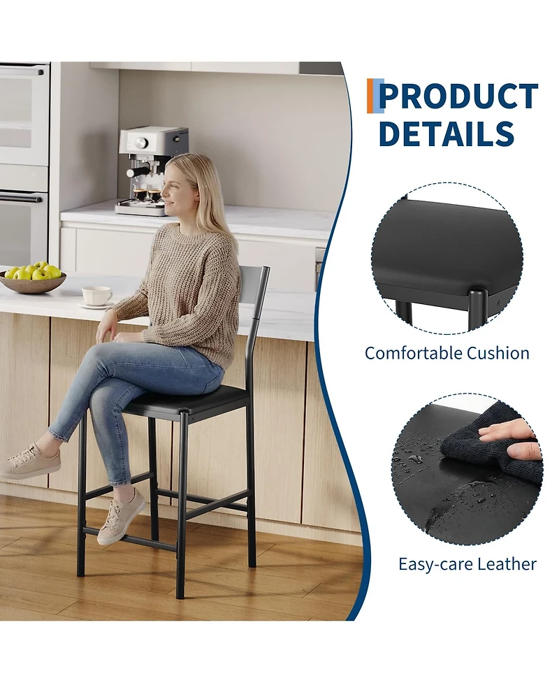 homfan Set of 2 Bar Stools, 24 Inch Pu Leather Counter Height Stools with Backrest and Footrest for Kitchen or Dining Room