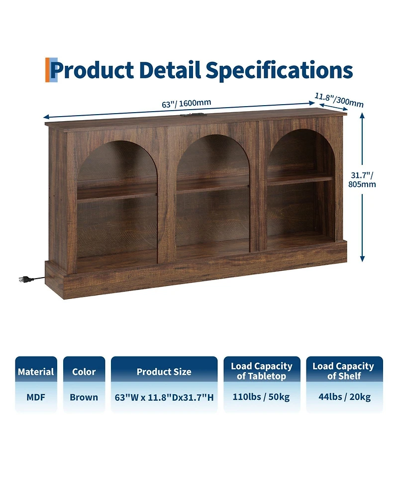 homfan 63" Arched Tv Stand with Charging Station and 3-Tier Open Shelves, for 65-70" Tv