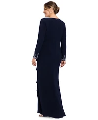 Betsy & Adam Plus Beaded-Sleeve Side-Ruffle Maxi Dress