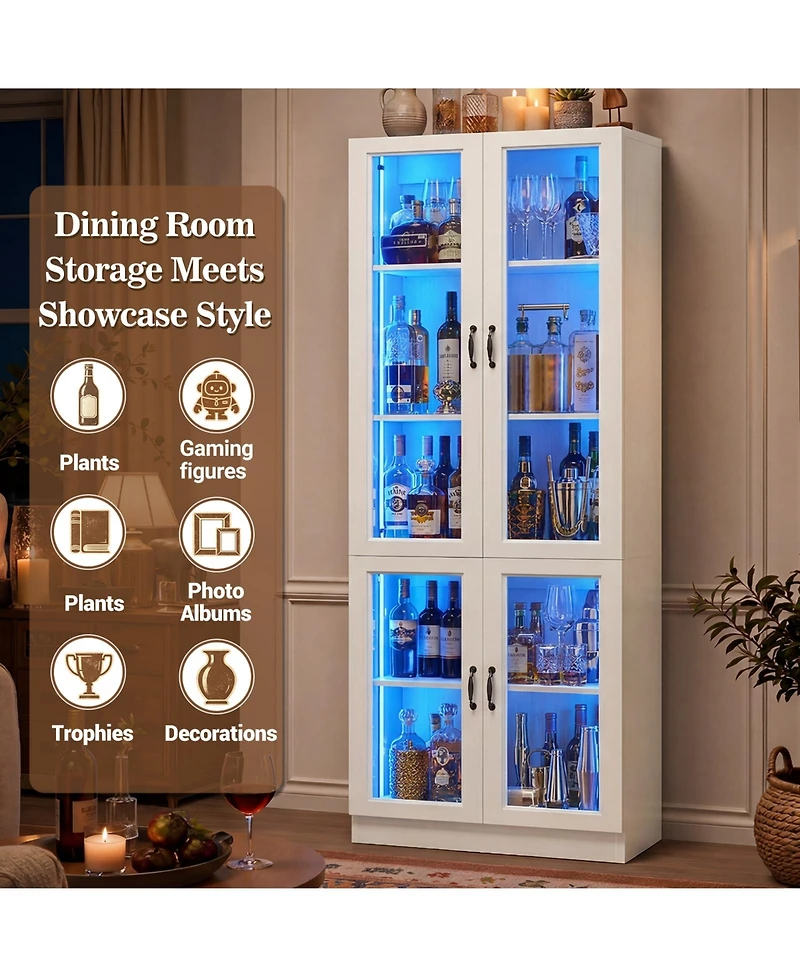 5-Tier Tall Display Cabinet with Glass Doors, 80" Bookcase with Led Light
