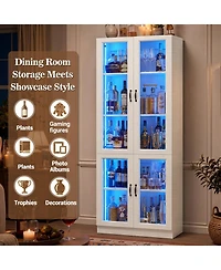 5-Tier Tall Display Cabinet with Glass Doors, 80" Bookcase with Led Light