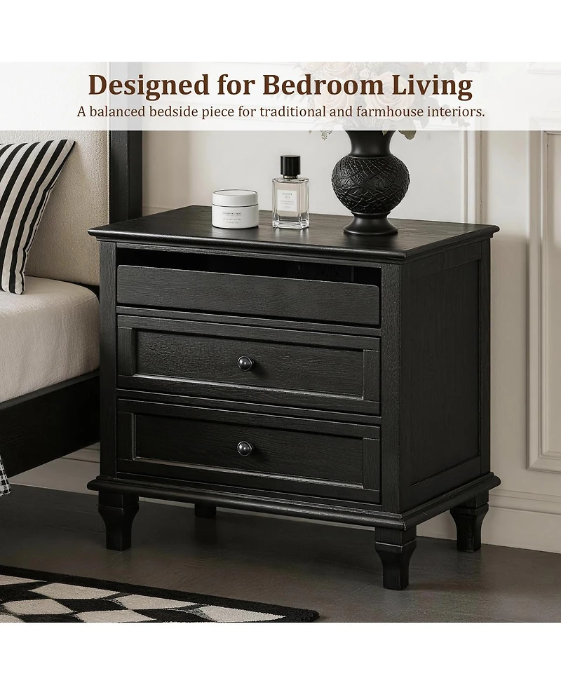 Streamdale Furniture 28" Farmhouse 3-Drawer Nightstand with Charging Station and Usb Ports