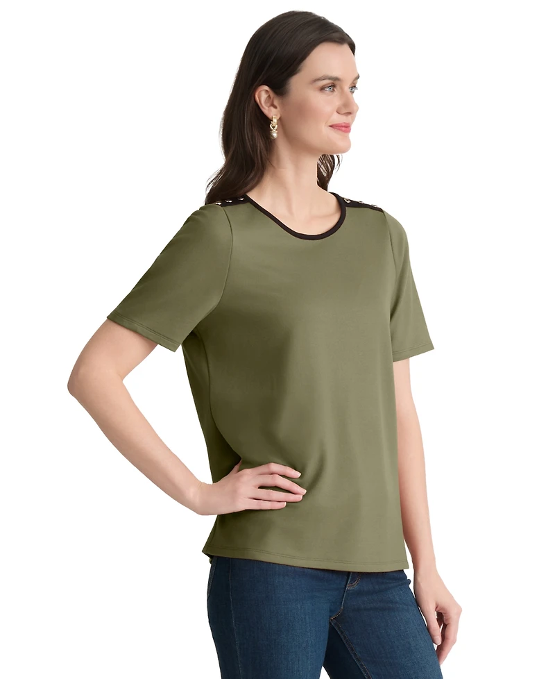 Jones New York Women's Color-Block Button Shoulder T-Shirt