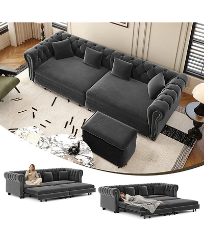 Streamdale Furniture Chesterfield 3-in-1 Velvet Pull-Out Sleeper Sofa with Movable Ottoman