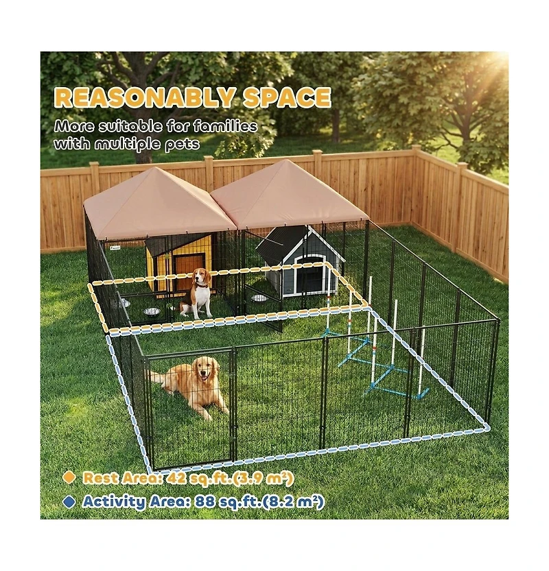 Ruie Large 2 Room Outdoor Dog Kennel with Adjustable Bowls and Latch