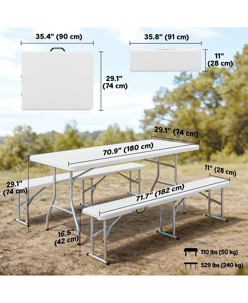 Piscifun 6feet 3 Piece Portable Folding Picnic Table Bench Set Camping Outdoor Indoor Bbq Party Event