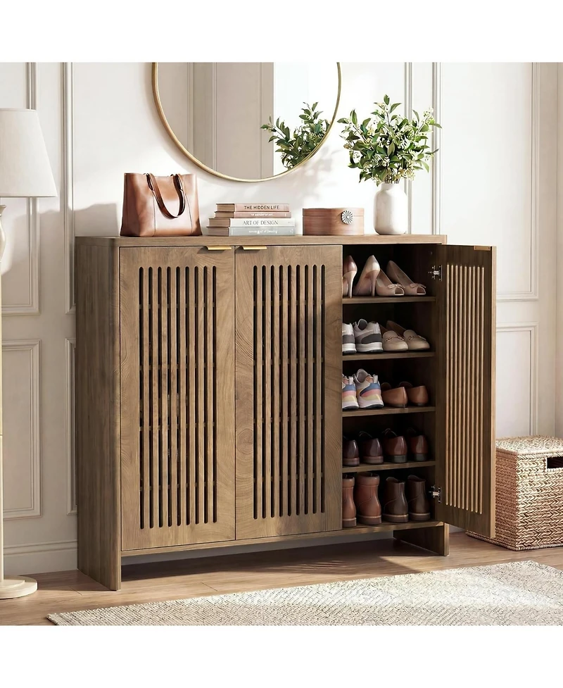 Tribesigns 5-Tier Shoe Cabinet: 3 Doors, Holds 30 Pairs, Storage with Adjustable Shelves, Vertical Slatted Doors, Freestanding for Entryway, Hallway