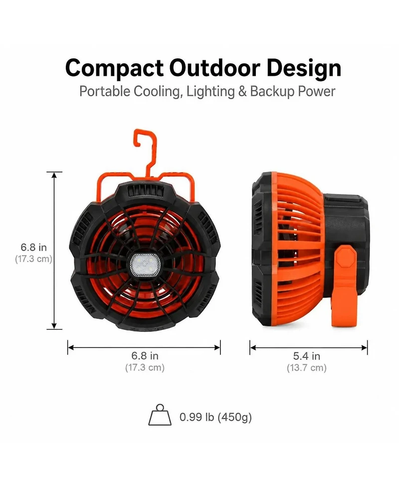 Ayamaya EcoBreeze 3-in-1 Rechargeable Camping Fan with Led Lantern, Power Bank, Remote Control and Hanging Hook, Orange