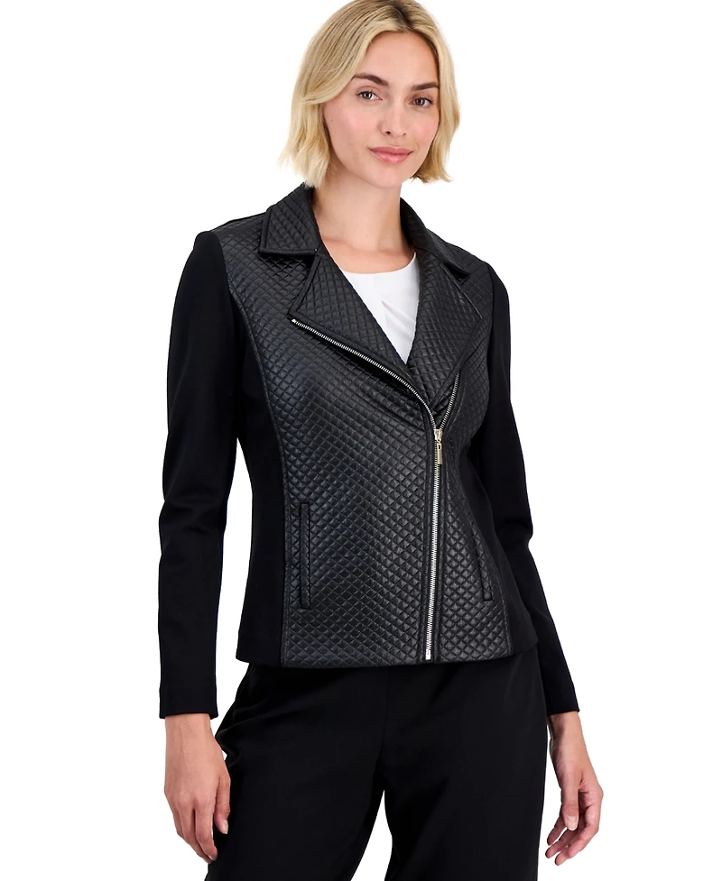 Anne Klein Petite Long-Sleeve Combo Motorcycle Jacket