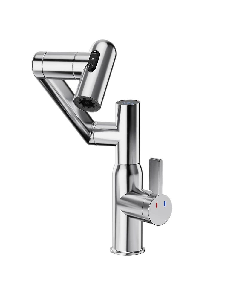 Busdays Chrome Bathroom Sink Faucet with Spray Function Temperature Display Anti Skid Switch Hot Cold Control 360 Degree Rotary