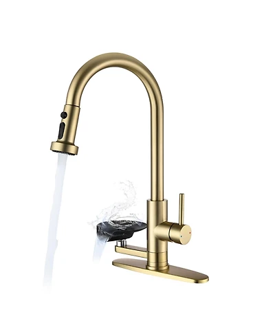 Busdays 3 in 1 Kitchen Faucet with Press Type Glass Rinser Universal for 1 and 3 Holes High Arc Pull Down Sprayer 3 Function Spray Mode Brushed
