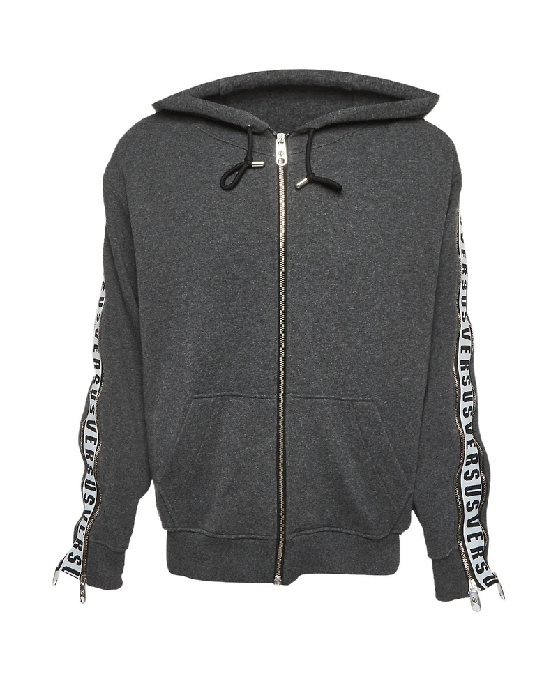 Pre-Owned Versace Men's Cotton Knit Logo Tape Zip Detail Hooded Jacket