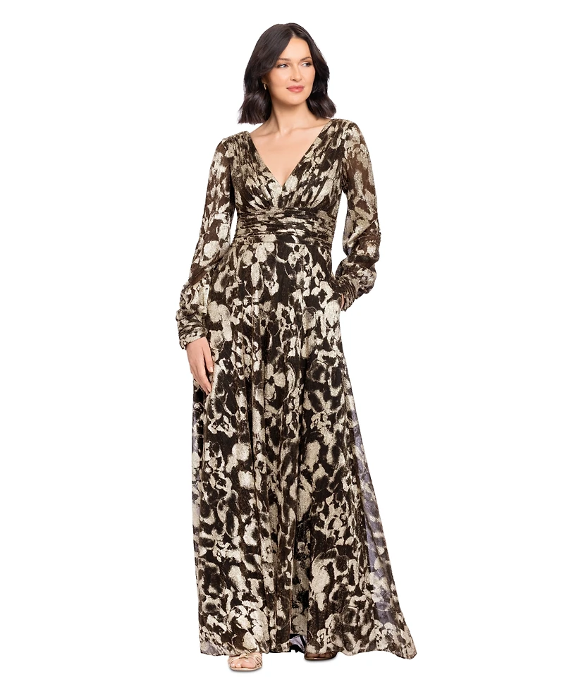 Betsy & Adam Women's Metallic V-Neck Ruched-Waist Gown