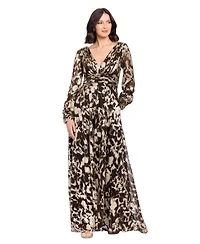 Betsy & Adam Women's Metallic V-Neck Ruched-Waist Gown